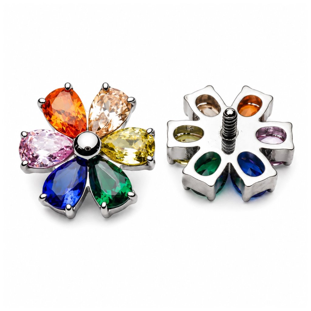Piercing Embout Titane ASTM F136 Premium Fleur Strass 7 mm – Pas de vis interne 0,9 mm pour piercing 1,2 mm*
