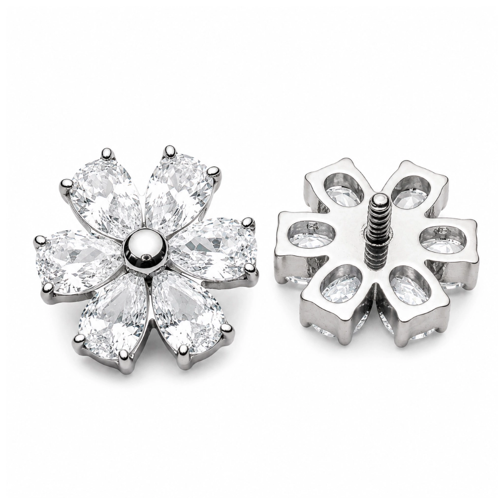 Piercing Embout Titane ASTM F136 Premium Fleur Strass 7 mm – Pas de vis interne 0,9 mm pour piercing 1,2 mm*