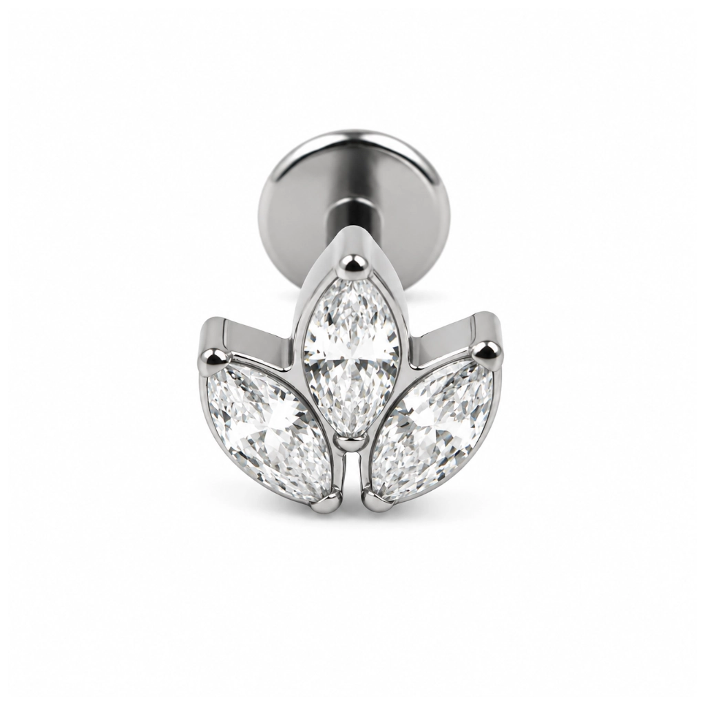 Piercing Labret Titane ASTM F136 – Labret 879 Filetage Interne Stérile & Embout Marquise 3 Strass 1,2 x 8 mm*