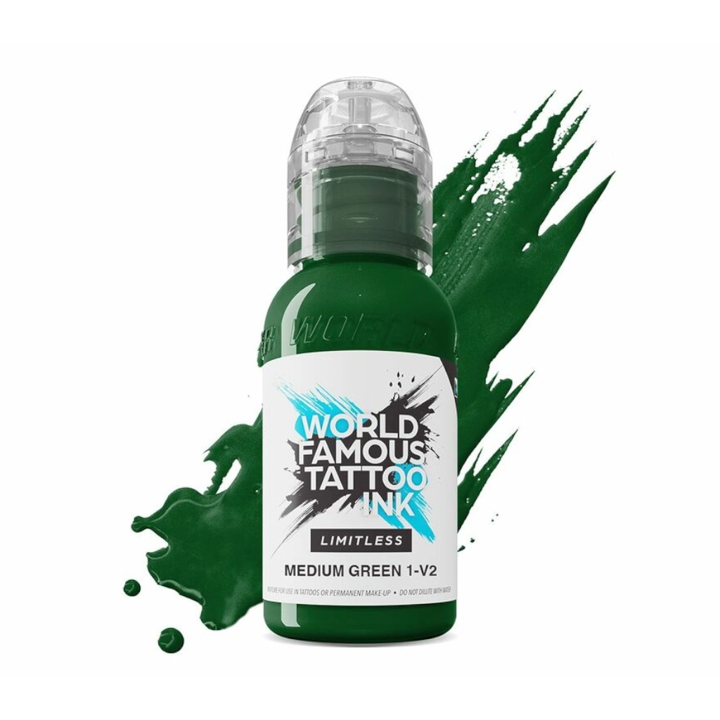 Encre de Tatouage Verte World Famous Medium Green 1 V2 – Conforme REACH – Pigment Professionnel Haute Intensité* 