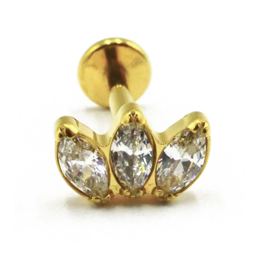 Labret Piercing - Labret F136 Gold Interne Stérile - Labret 546 avec pas de vis interne 1,2 x 8 mm motif marquise 3 strass*