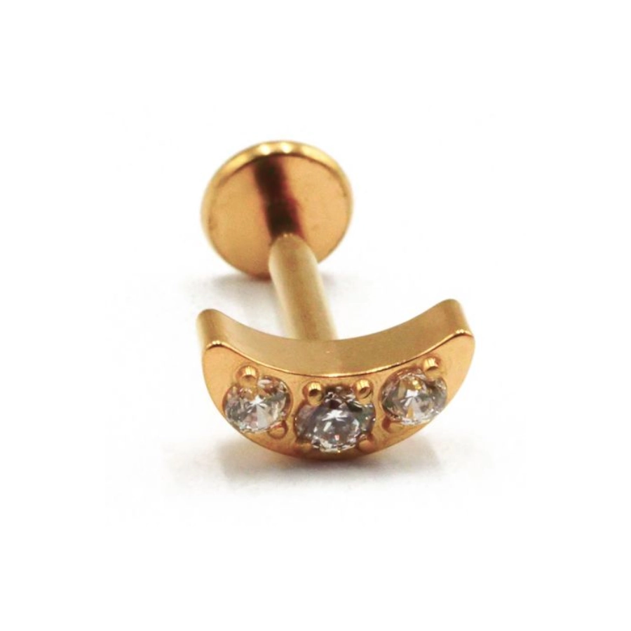 Labret Piercing - Titane Gold Interne Stérile - Labret 565 avec pas de vis interne 1,2 x 8 mm motif lune 3 strass*