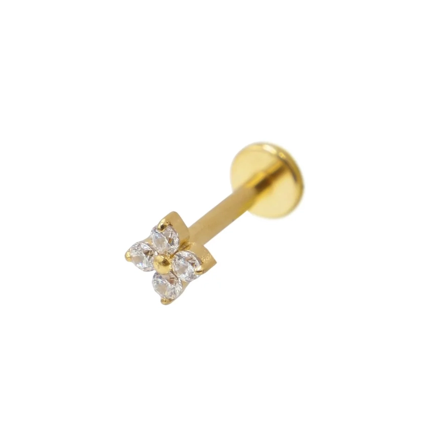 Piercing Labret - Titane F136 Interne Stérile Gold Gamme Itc - Labret avec pas de vis interne fleur 4 strass 1,2 x 8 mm*
