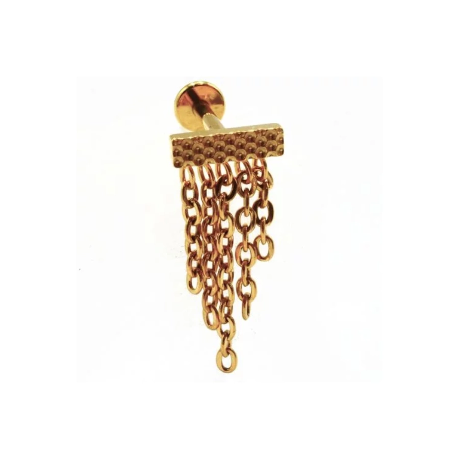 Piercing Labret - Titane F136 Interne Stérile Gold Gamme Itc - Labret avec pas de vis interne barre avec chaînette pendante 1,2 x 8 mm*