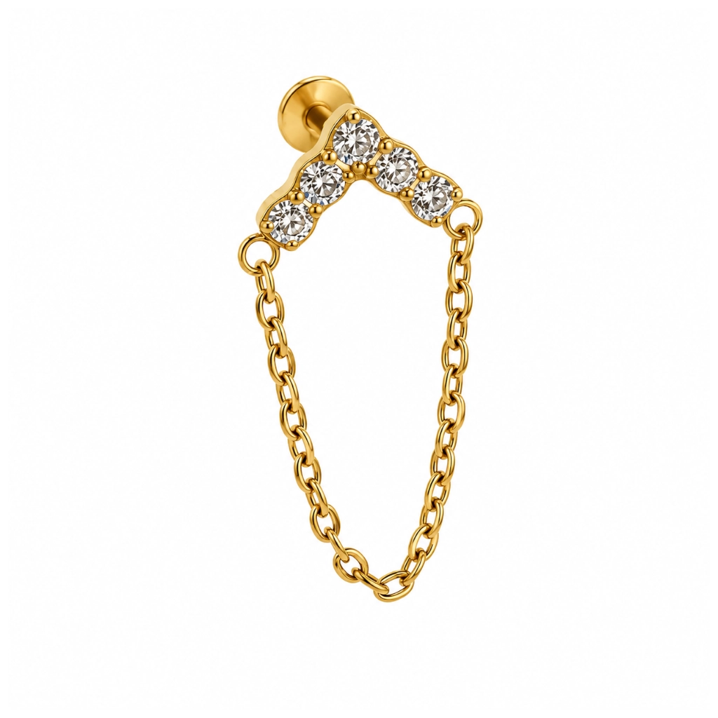 Piercing Labret Titane F136 – Labret 1105 Filetage Interne Stérile Gold & Embout Strass en V et Chaine 1,2 x 8 mm* 