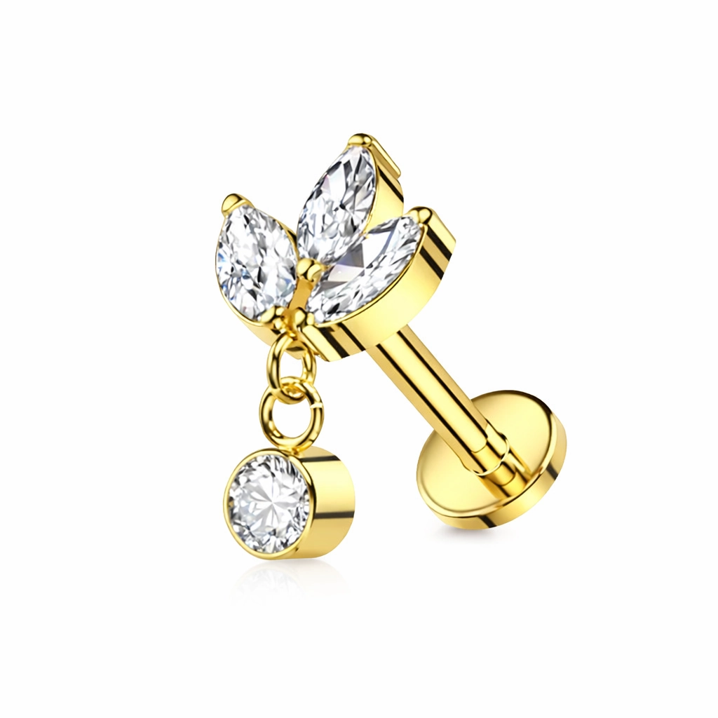 Piercing Labret Titane ASTM F136 – Labret 1085 Filetage Interne Stérile Gold Marquise 3 Strass & Pendentif Strass Rond 1,2 x 8 mm*