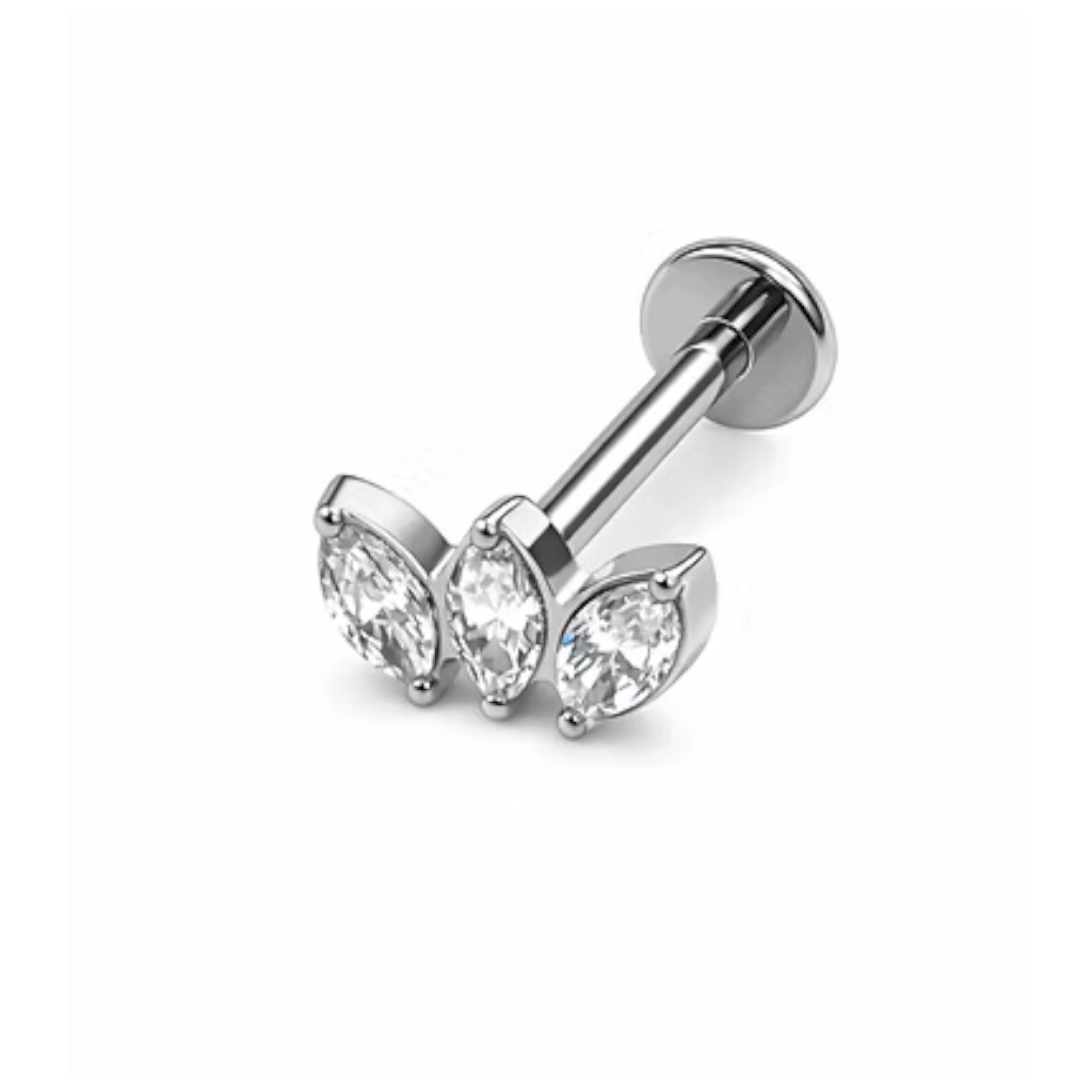Piercing Labret - Titane F136 Stérile - Labret 546 avec pas de vis interne marquise 3 strass 1,2 x 8 mm*