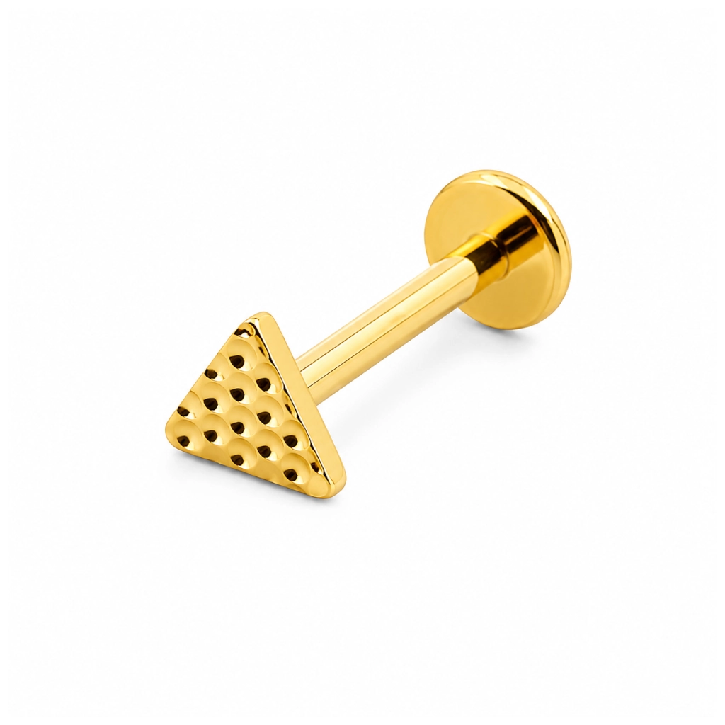 Piercing Labret Titane F136 – Labret 1128 Filetage Interne Stérile Gold & Embout Triangle Martelé 1,2 x 8 mm*