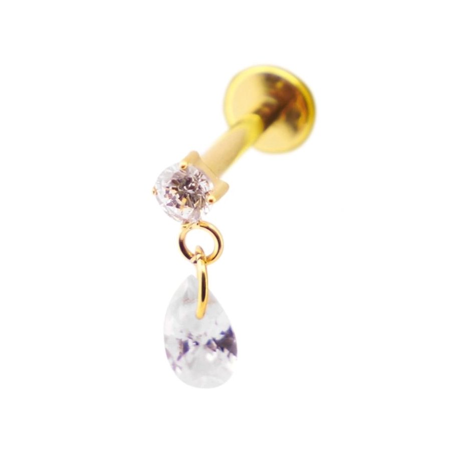 Piercing Labret - Titane F136 Gold Stérile - Labret 10 interne en titane pvd gold motif strass et pendentif ovale*