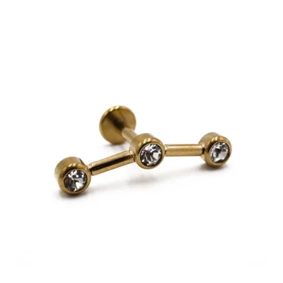 Piercing Labret - Acier Gold Gamme Itc - Labret triple strass droit 1,2 x 6 mm*