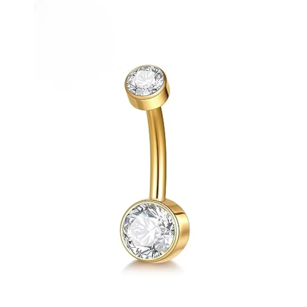 Piercing Nombril Titane ASTM F136 – Filetage Interne Stérile Gold & 2 Strass Rond Plat 1,6 x 10 mm* 