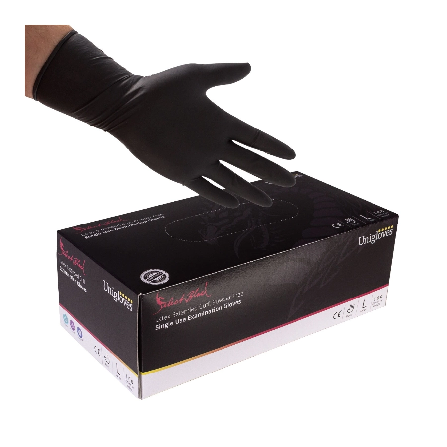 Gant Tattoo - Unigloves Select Black - Boîte de 100 gants latex non poudrés noirs avec manchette longue*