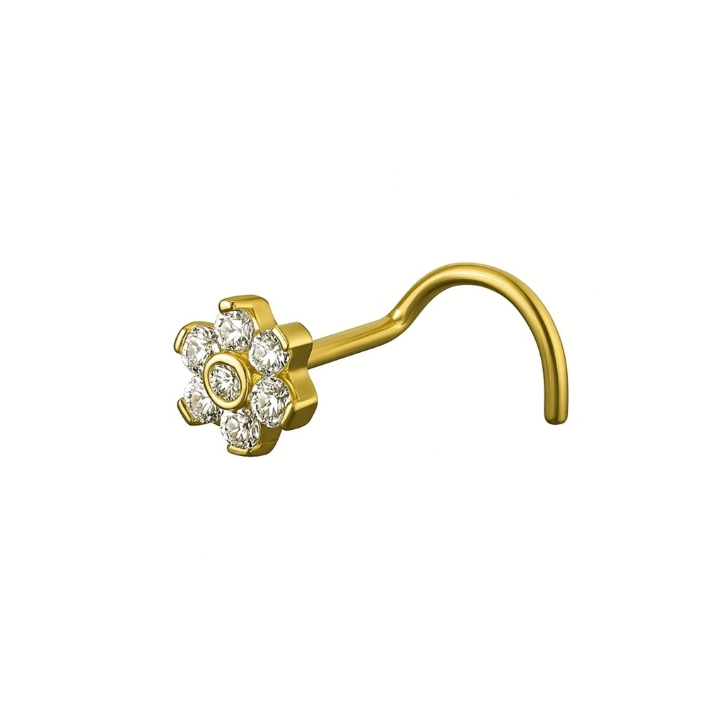 Piercing Nez en Titane ASTM F136 - Stud de Nez Stérile Gold & Strass 6 Pétales Fleurs Brillant* 