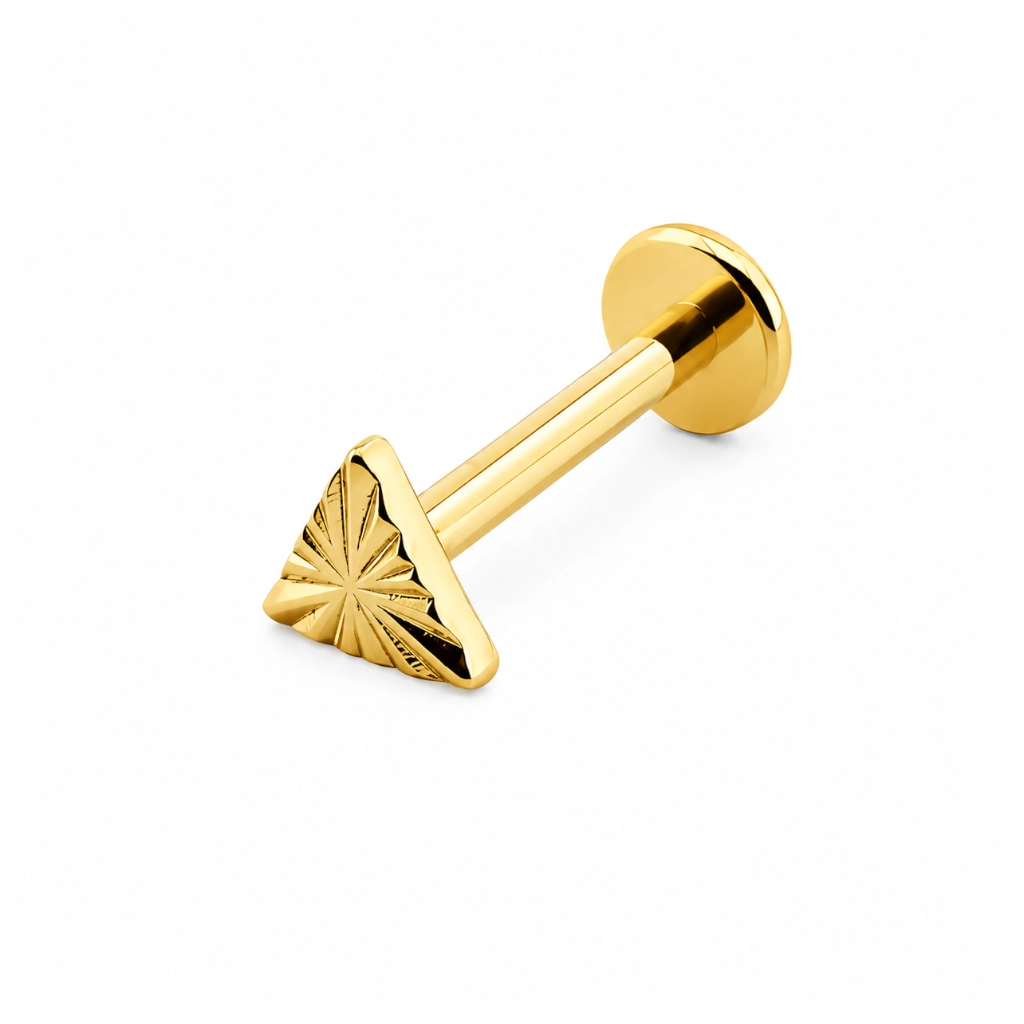 Piercing Labret Titane F136 – Labret 8 Filetage Interne Stérile Gold & Embout Triangle Strié 1,2 x 8 mm*