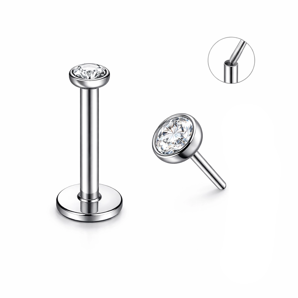 Piercing Labret Titane ASTM F136 Premium – Threadless Sans Filetage Stérile & Strass Rond Qualité Implant*