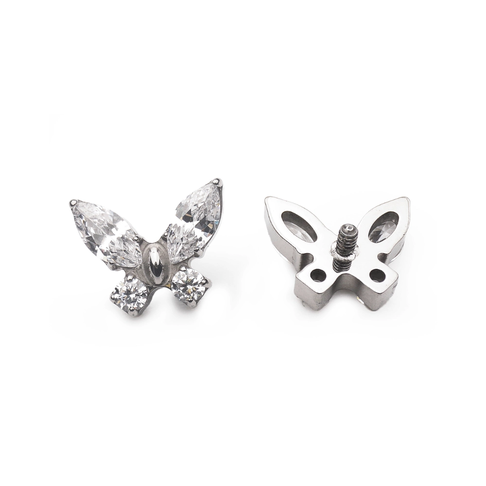 Piercing Labret - Titane F136 Interne Stérile Gamme Hand Ink - Labret avec pas de vis interne 1,2 x 8 mm papillon avec strass 6 mm*