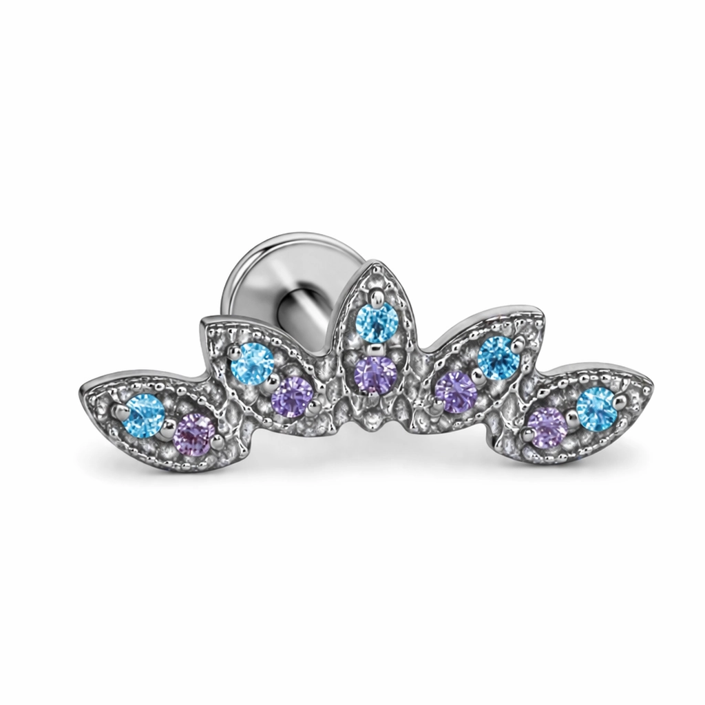 Piercing Labret Titane ASTM F136 Premium – Labret 395 Filetage Interne Stérile & Embout Marquise 5 Strass Bleu et Violet largeur 14 mm*