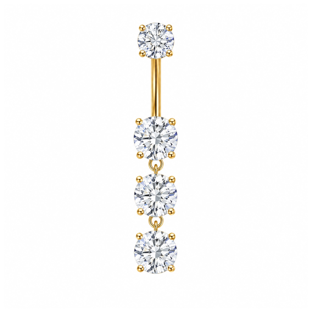 Piercing Nombril Titane F136 – Banane 5020 Filetage Interne Stérile Gold & Embout 3 Strass Rond 1,6 x 10 mm*
