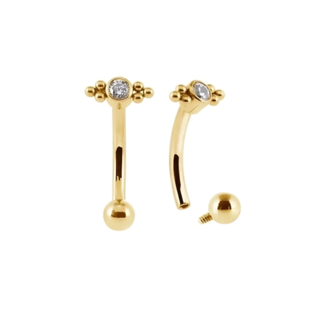 Piercing Banane - Titane F136 Stérile Gold - Banane avec strass 3031 avec pas de vis interne strass et perle 1,2 x 8 mm*