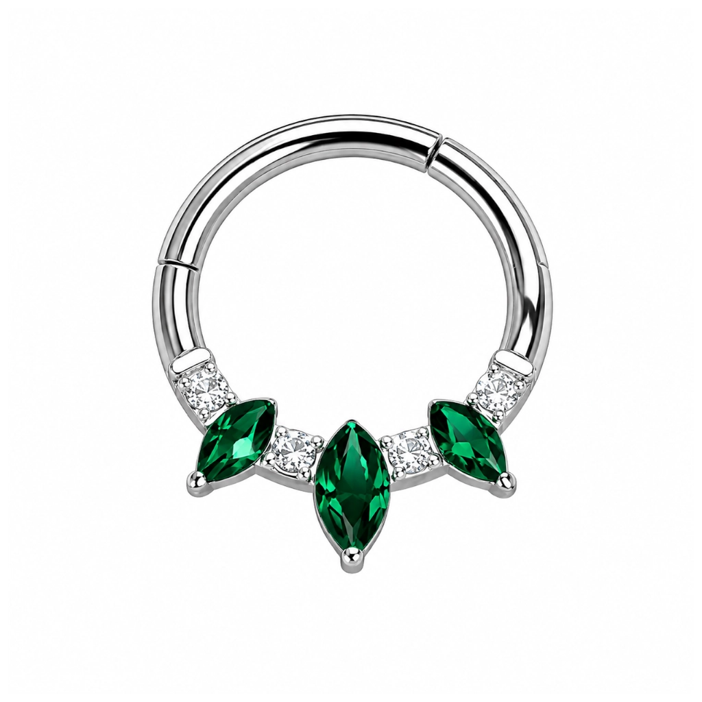 Piercing Anneau Titane F136 – Clicker 3073 Fermeture à Charnière Stérile & Finition 3 Strass Vert 1,2 x 8 mm*