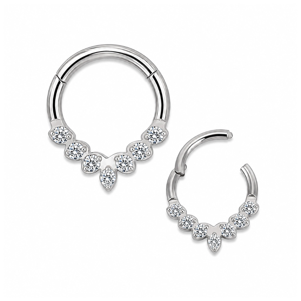 Piercing Anneau Titane F136 – Clicker 1257 Fermeture à Charnière Stérile & Finition 7 Strass 1,2 x 8 mm*