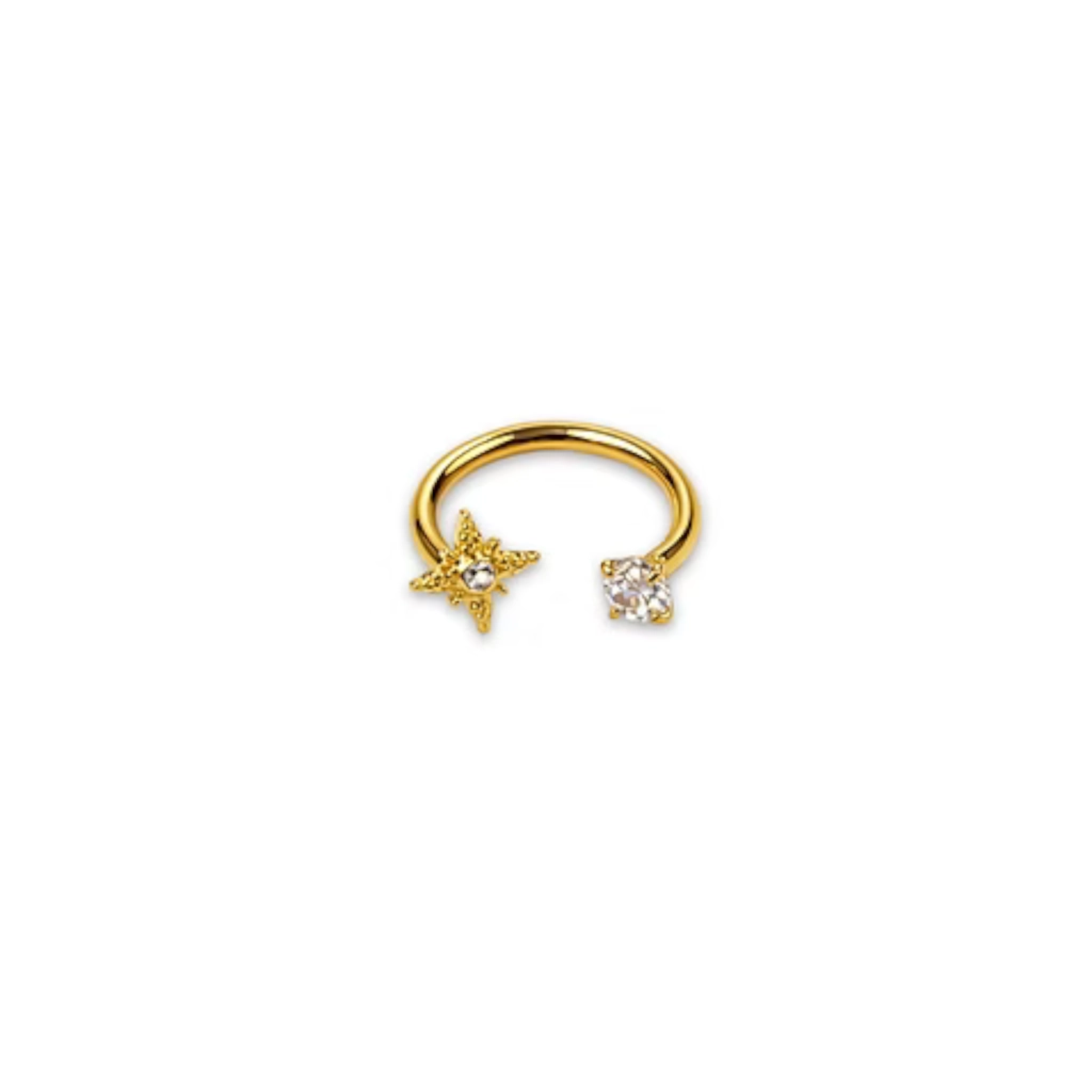 Piercing Fer A Cheval - Titane F136 Stérile Gold - Barbell circular avec pas de vis interne et strass et étoile de berger 1,2 x 8 mm*