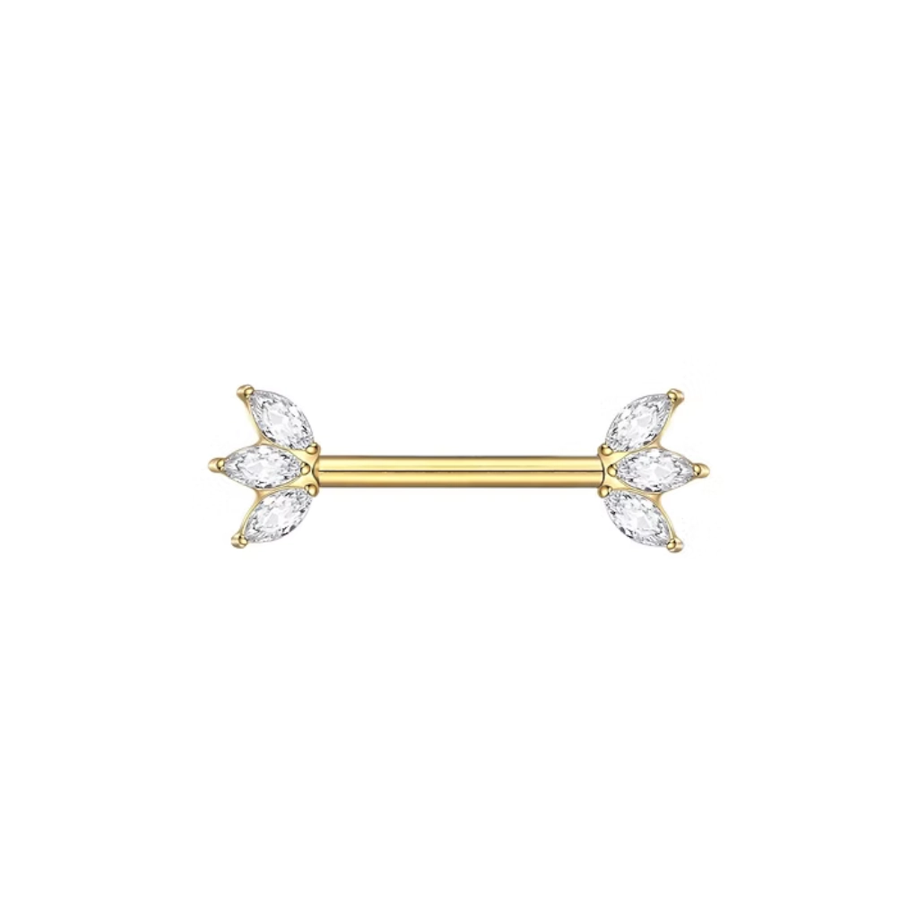 Piercing Barbell - Titane F136 Stérile Gold - Barbell avec pas de vis interne embout marquise 3 strass 1,6 x 14 mm*