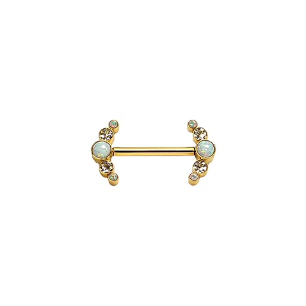 Piercing Barbell - Titane F136 Stérile Gold - Barbell avec pas de vis interne embout strass et opale 1,6 x 14 mm*