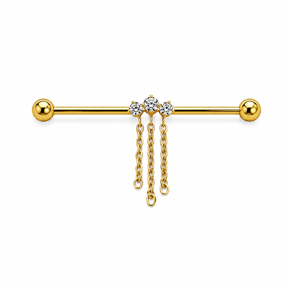 Piercing Barbell Titane F136 – Barbell 1866 Filetage Interne Stérile Gold & Finition Strass et Chaîne 1,6 x 38 mm*