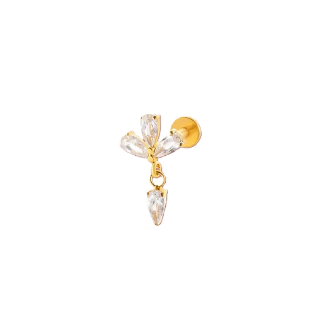 Piercing Labret - Titane F136 Gold Stérile - Labret 3046 interne en titane pvd gold motif marquise 3 strass et 1 pendentif 1,2 x 8 mm