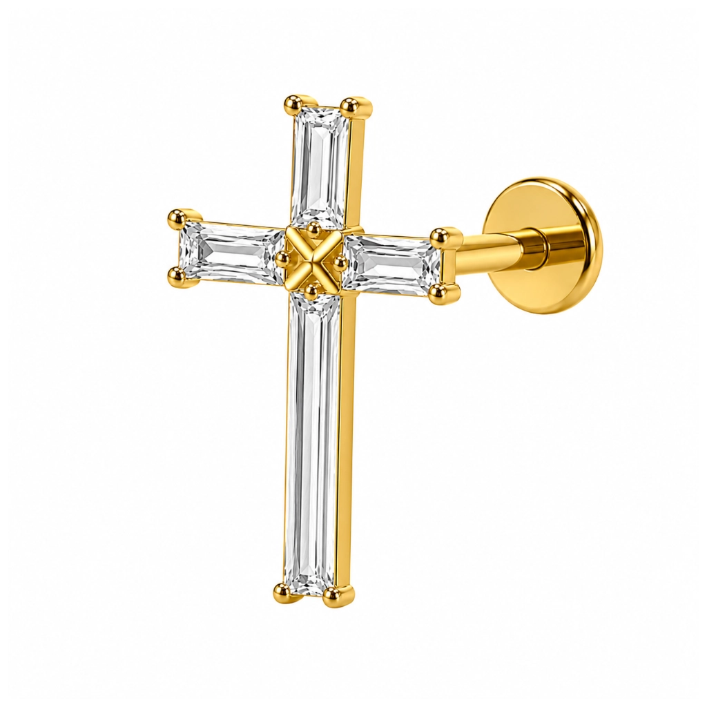 Piercing Labret Titane F136 – Labret 2026 Filetage Interne Stérile Gold & Embout Croix Strass 1,2 x 8 mm*