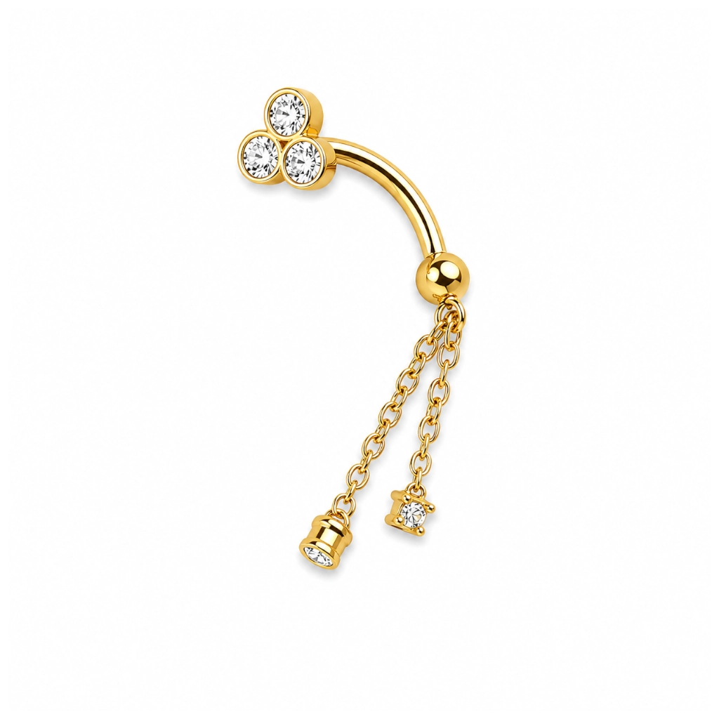 Piercing Nombril Titane F136 – Banane 3070 Filetage Interne Stérile Gold & Embout 3 Strass et Chaine 1,2 x 8 mm* 