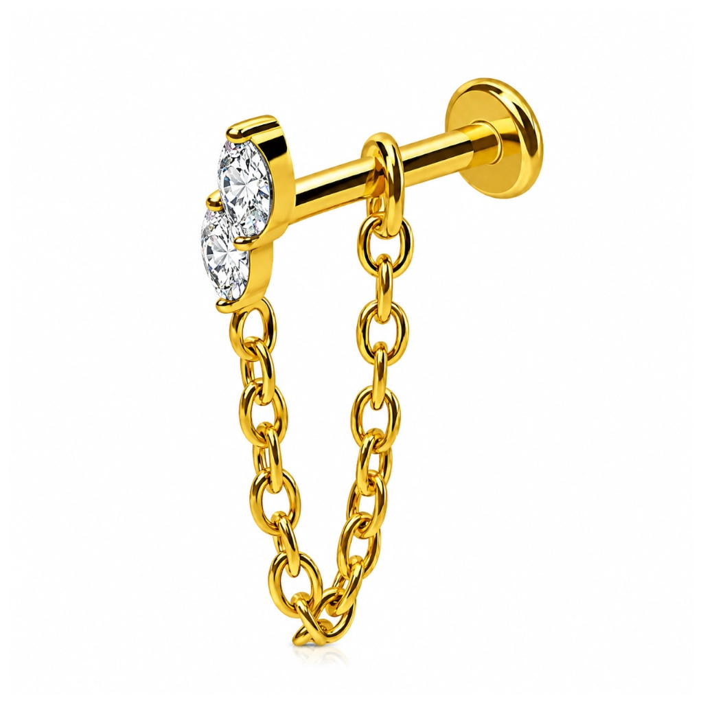Piercing Labret Titane F136 – Labret 3076 Sans Filetage Threadless Stérile Gold & Embout Strass et Chaine 1,2 x 8 mm*