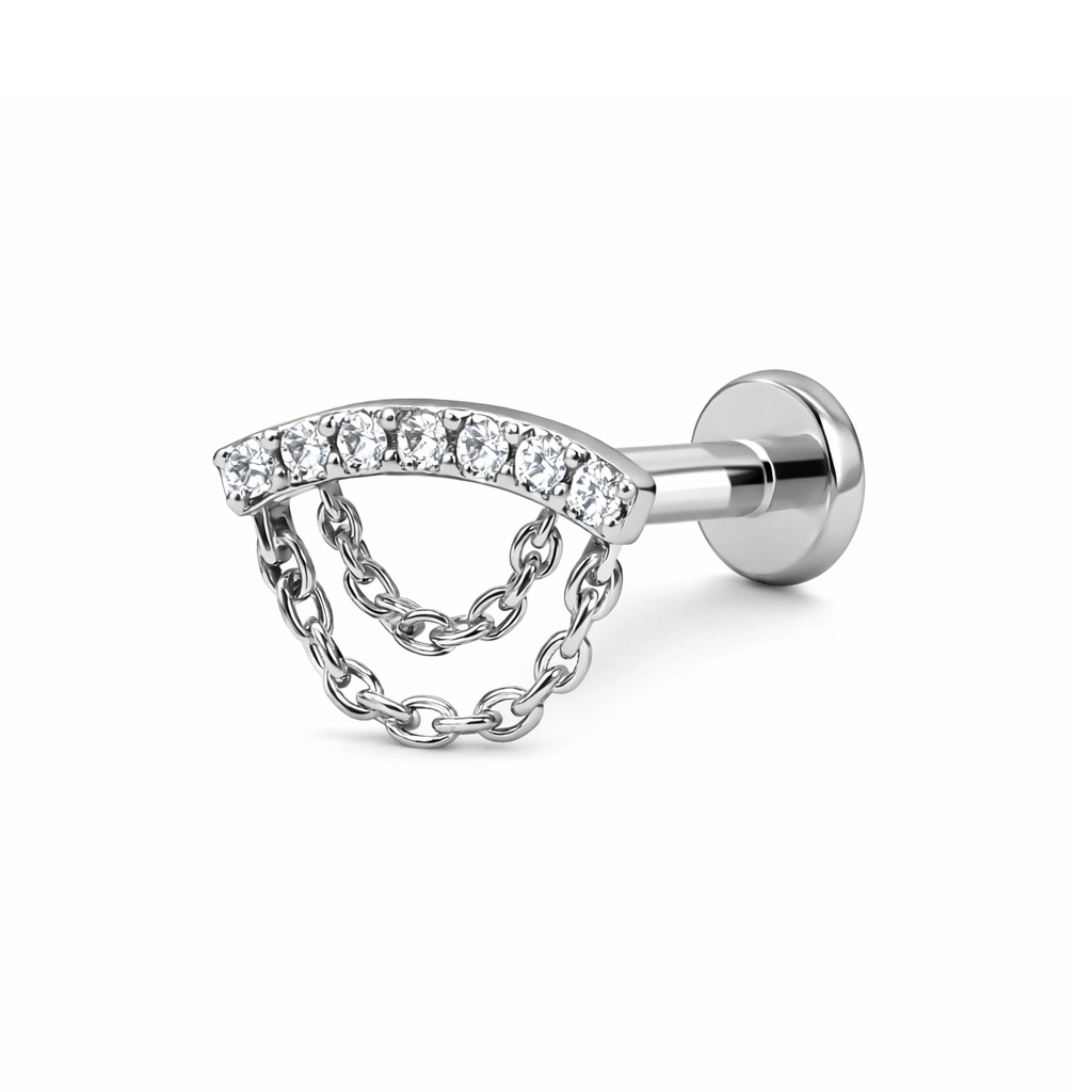 Piercing Labret Titane ASTM F136 Premium – Labret 354 Filetage Interne Stérile Embout Courbe de Strass & Chaînes 10 mm*