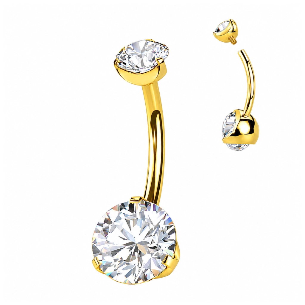 Nombril Titane ASTM F136 Premium – Banane Filetage Interne Stérile Gold & 2 Strass Griffés* 