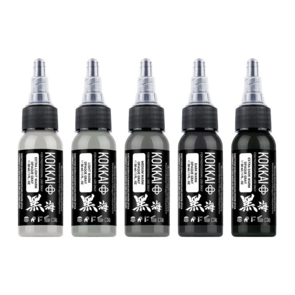 Encres Tattoo Greywash Warm Opaque Kokkai Sumi – Set Complet 5x15ml pour Ombrages Parfaits*
