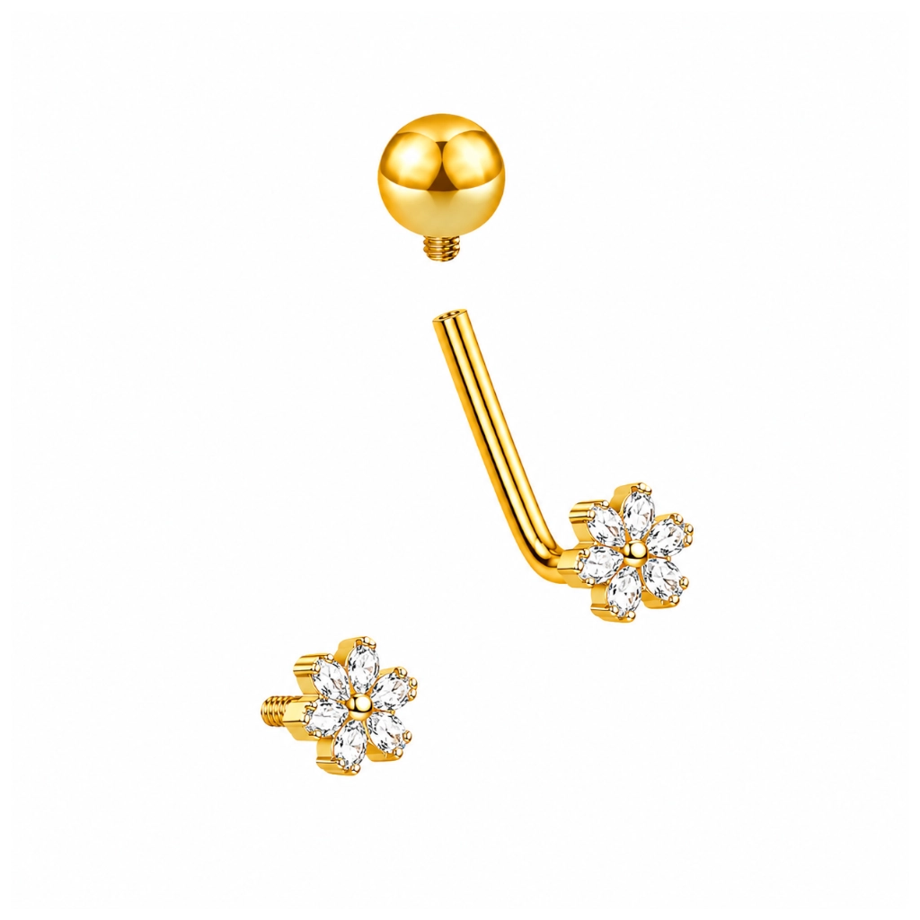 Piercing Intime Christina en Titane ASTM F136 – Barbell Stérile à Filetage Interne avec Fleur et Bille Gold*