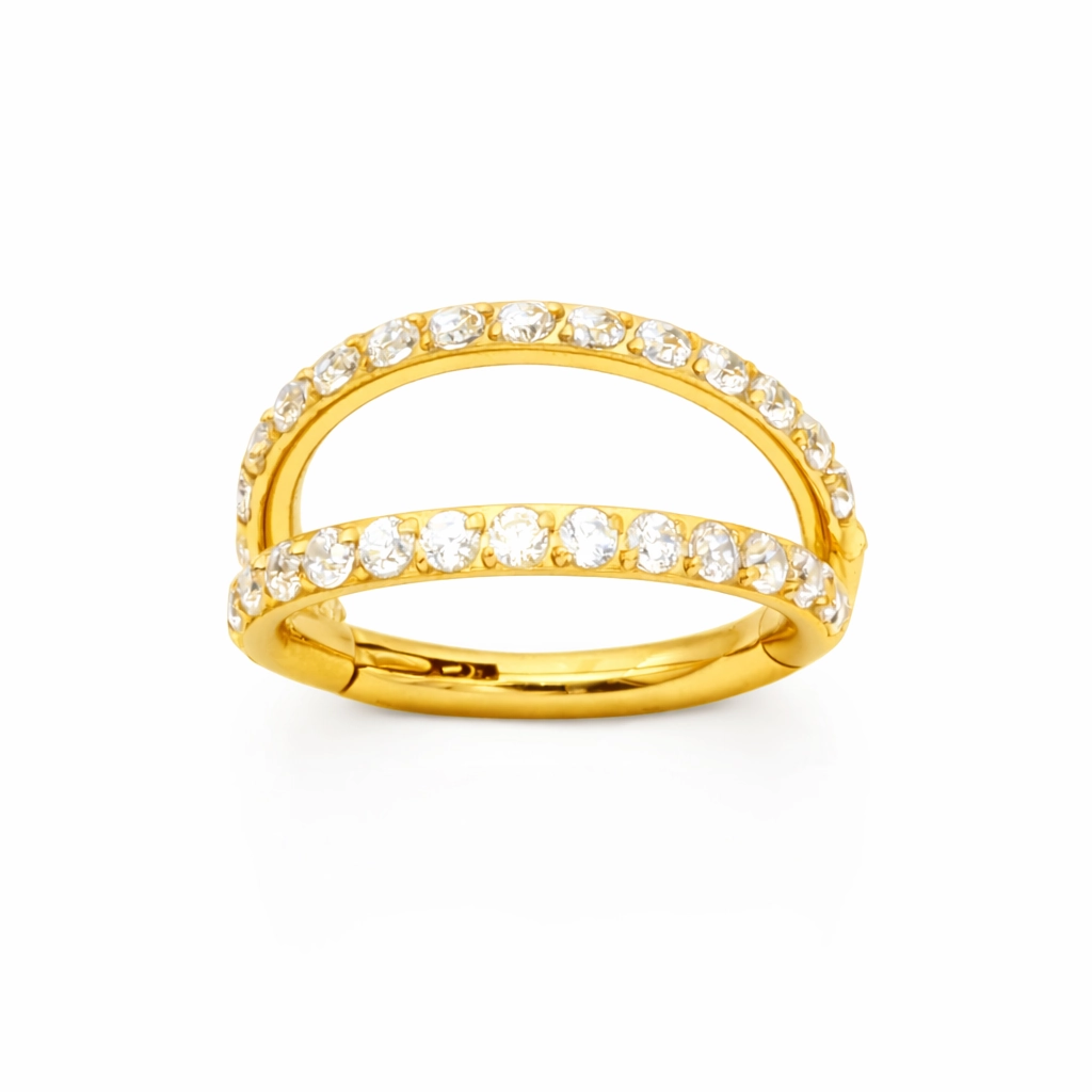Piercing Anneau Titane ASTM F136 Premium – Clicker 58 Gold avec Fermeture à Charnière Double Cerclage Sertie Strass Qualité Implant*