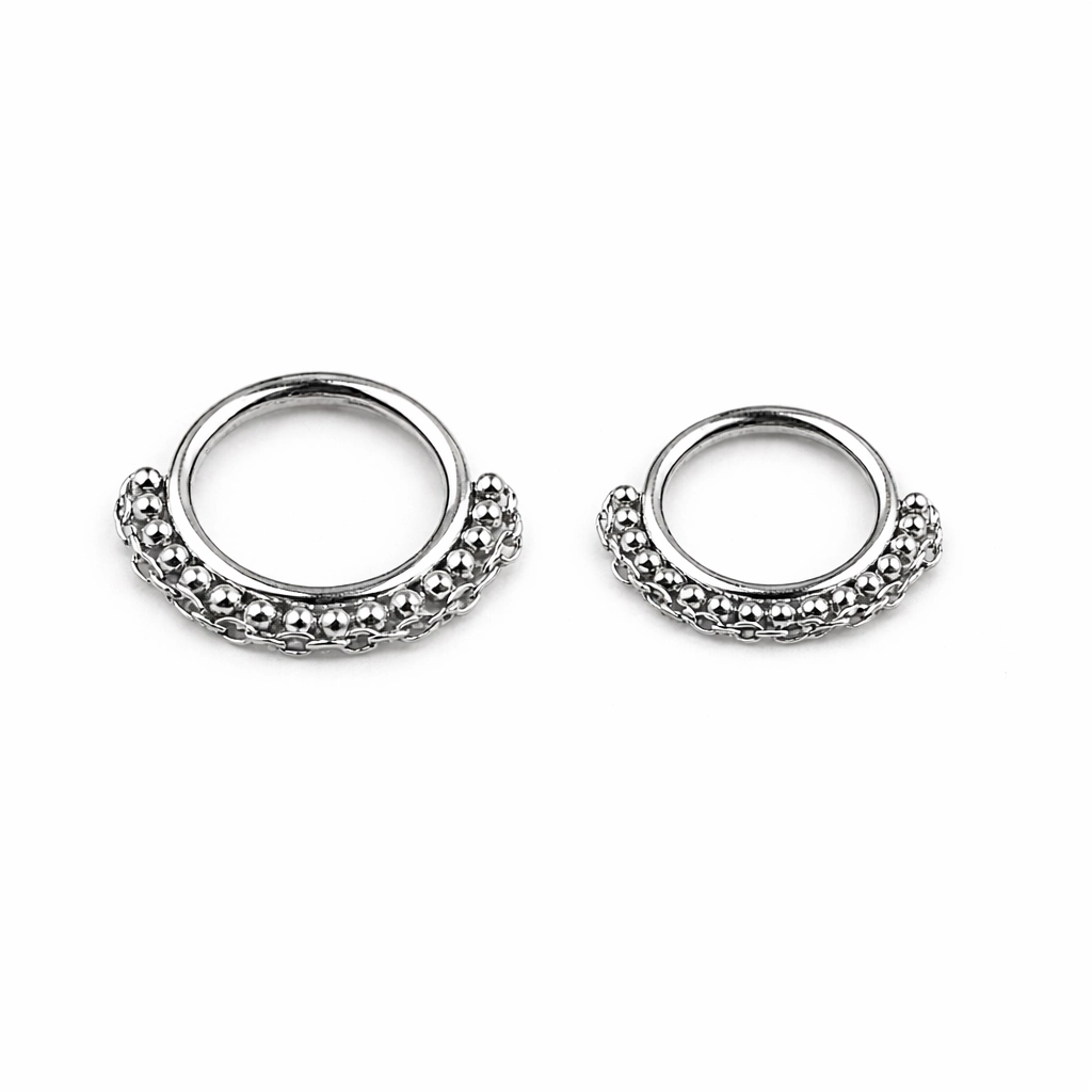 Piercing Anneau Titane ASTM F136 Premium – Clicker 130 avec Fermeture à Charnière Cerclage Perles et Chaine Qualité Implant*