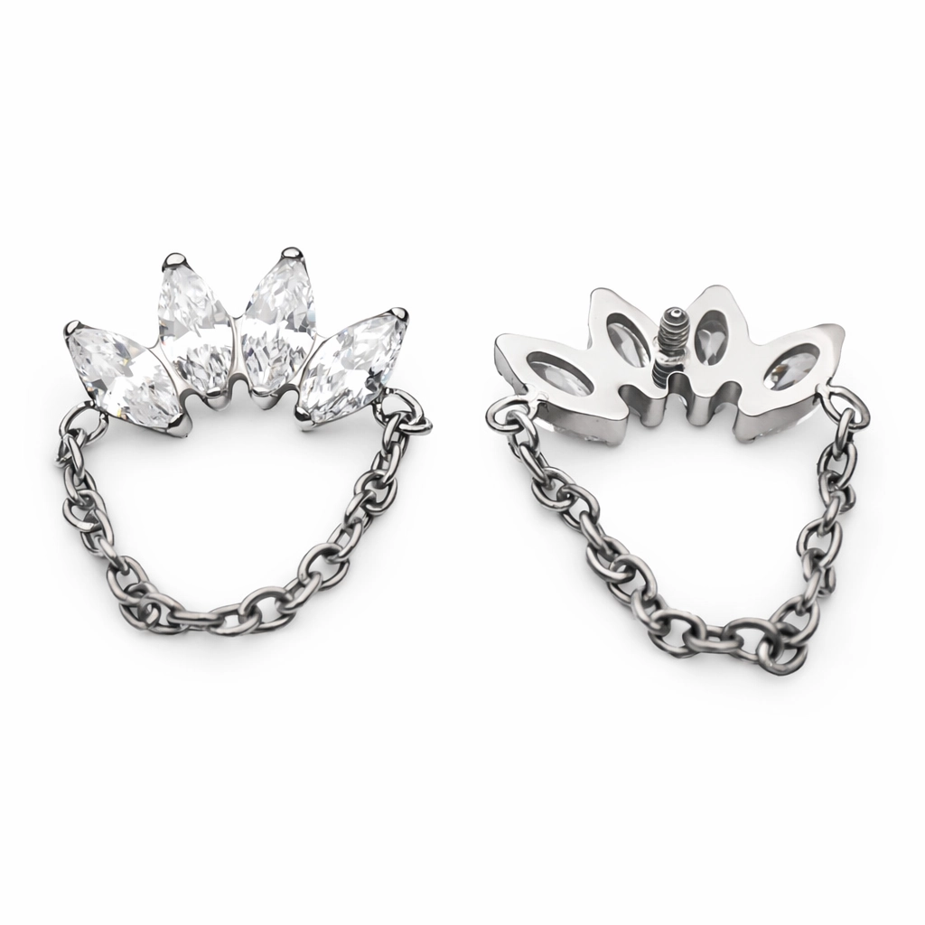 Piercing Embout Titane ASTM F136 Premium – Embout 283 Filetage Interne & Marquise 4 Strass et Chaine largeur 11 mm pour Piercing 1,2 mm*