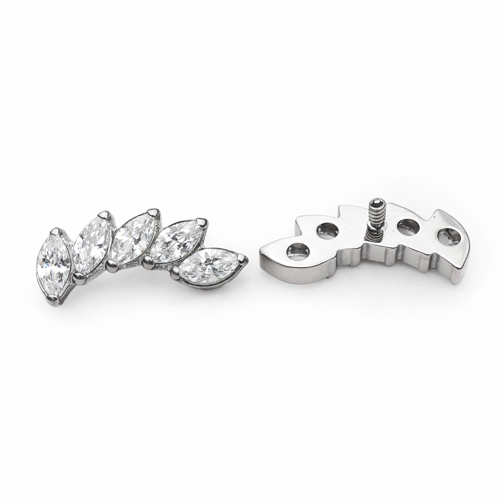 Piercing Embout Titane ASTM F136 Premium – Embout 160 Filetage Interne & Marquise 5 Strass Courbée largeur 14 mm pour Piercing 1,2 mm*