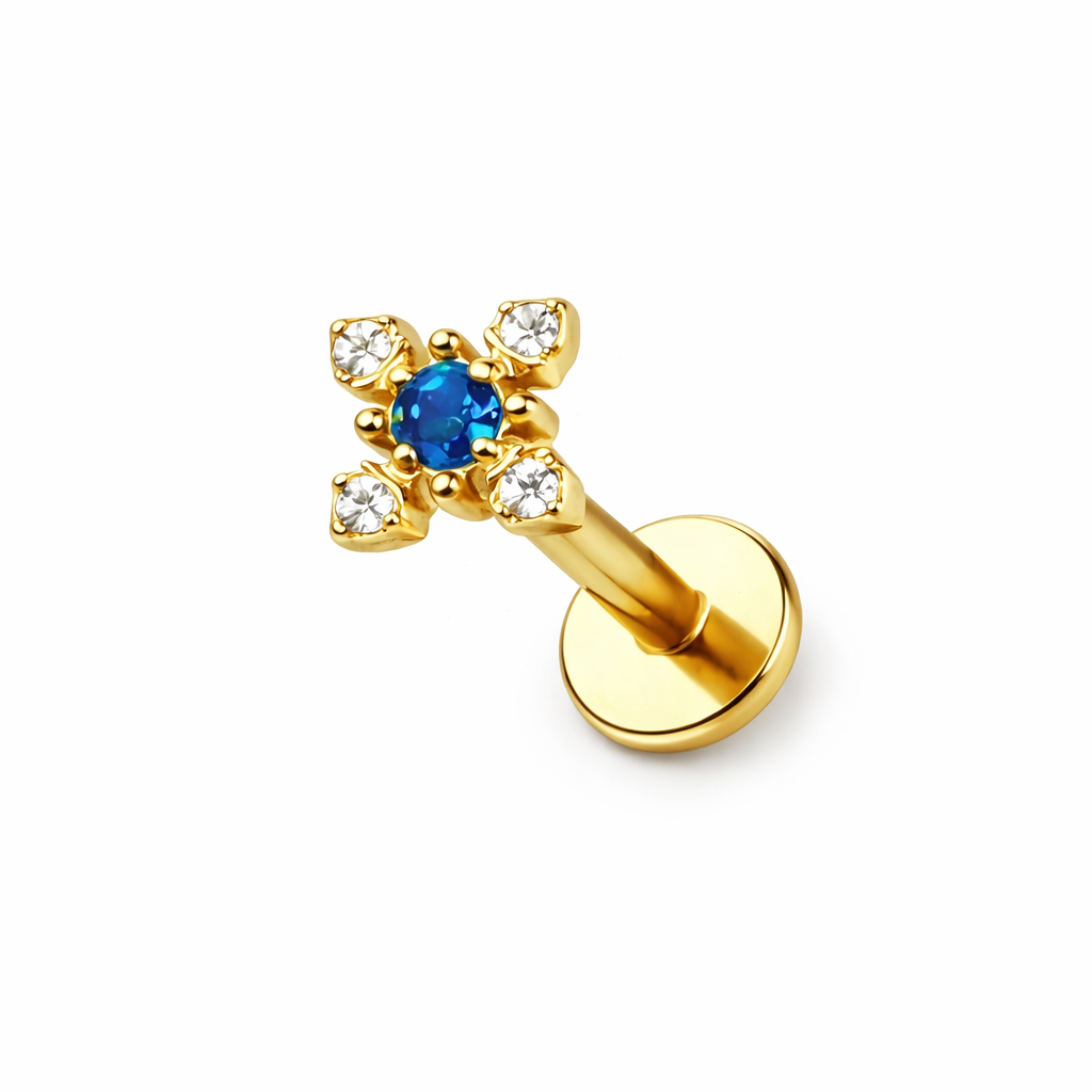 Piercing Labret Titane ASTM F136 Premium – Filetage Interne Stérile Gold & Etoile Strass Coloré 1,2 x 8 mm* 