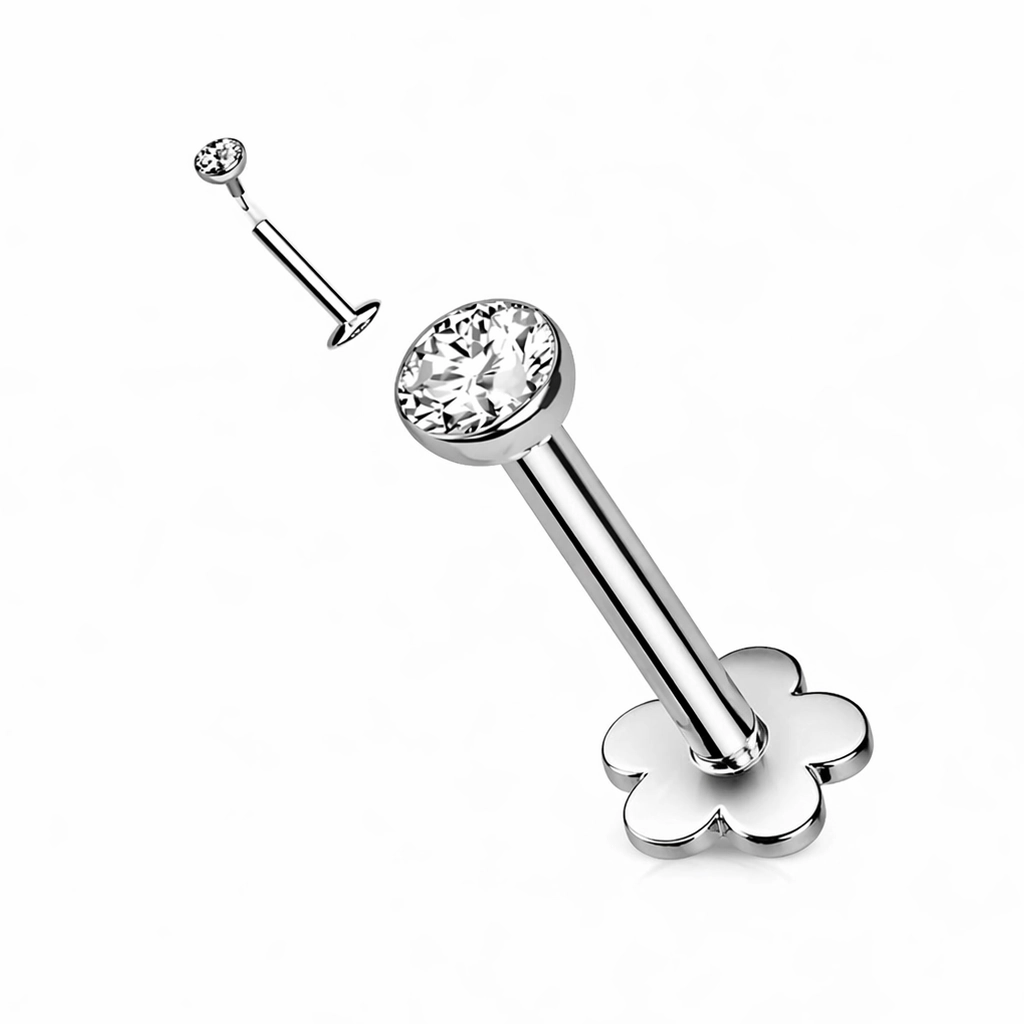 Piercing Labret Titane ASTM F136 – Filetage Interne Stérile & Bille 3/4 Strass 3 mm Base Fleur 1,2 x10 mm*