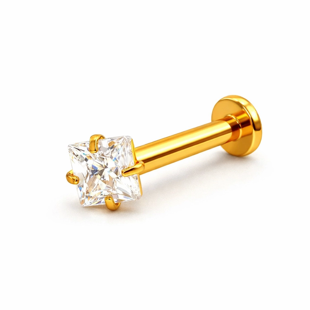 Piercing Labret Titane ASTM F136 Premium – Filetage Interne Stérile Gold & Strass Carré Qualité Implant*