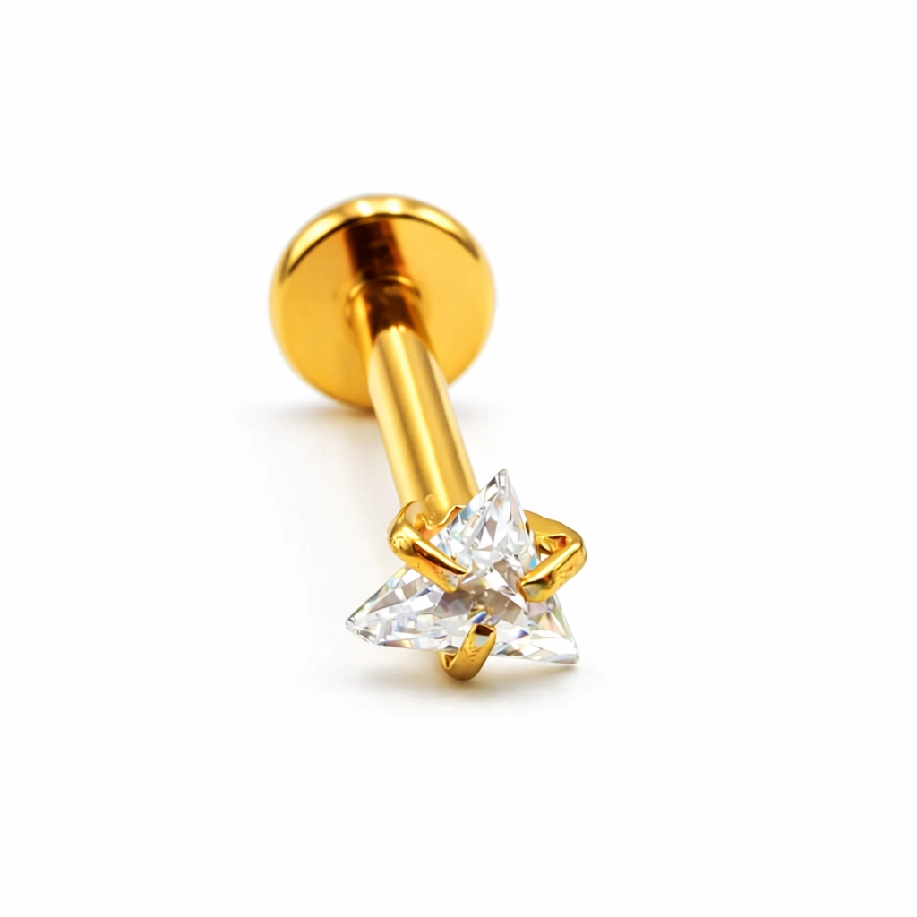 Piercing Labret Titane ASTM F136 – Labret 186 Filetage Interne Stérile Gold & Strass Triangle Qualité Implant* 
