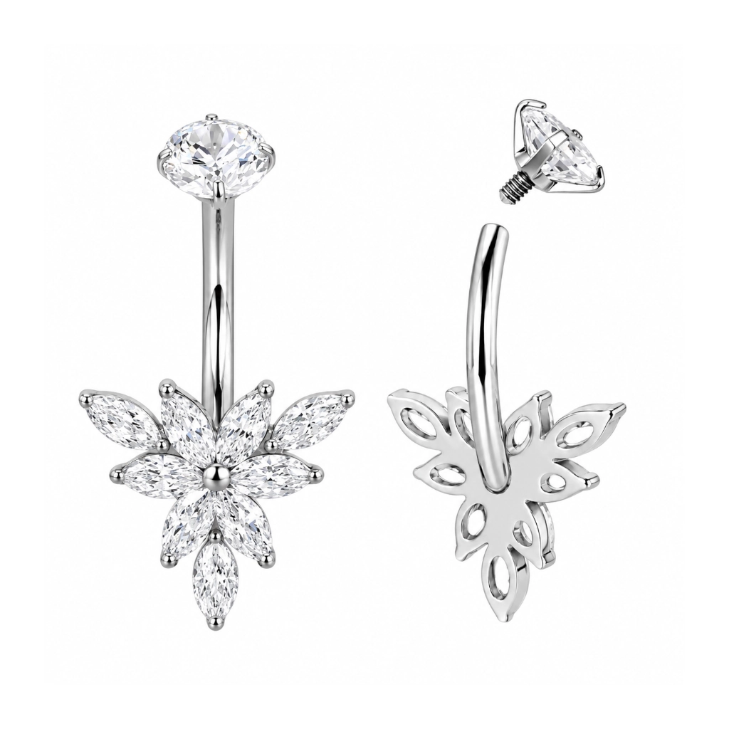 Piercing Nombril Titane F136 – Banane Filetage Interne & Fleur 1,6 x 10 mm