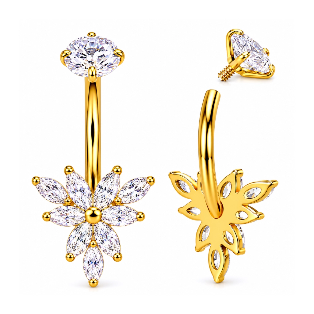Piercing Nombril Titane F136 – Banane Filetage Interne Gold & Fleur 1,6 x 10 mm