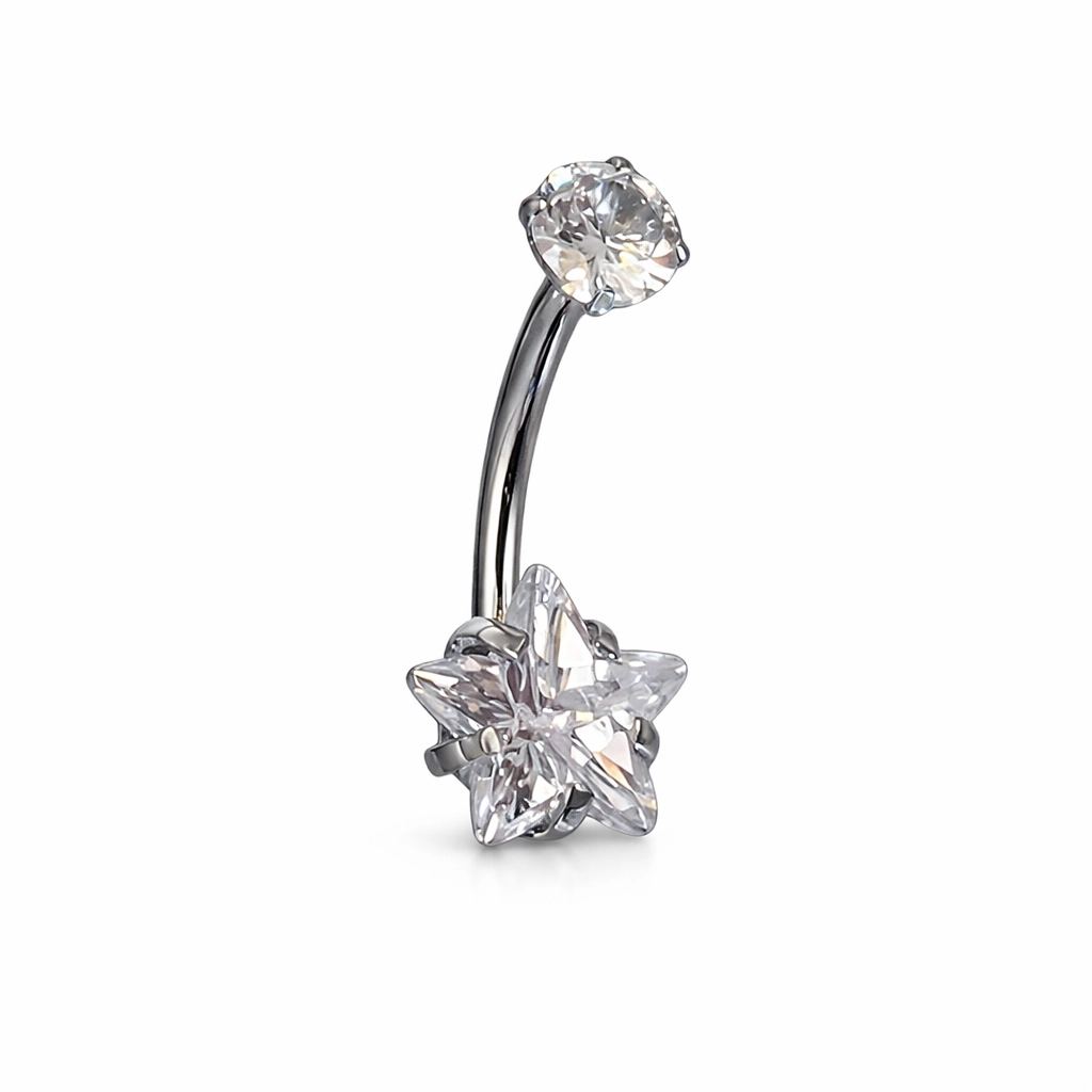 Piercing Nombril Titane ASTM F136 Premium – Banane 75 Filetage Interne & Strass Etoile 8 mm*