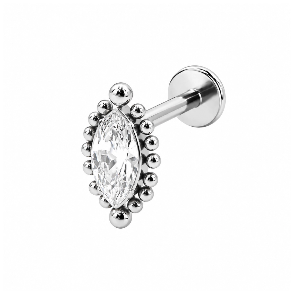 Piercing Labret Titane ASTM F136 Premium – Labret 3019 Filetage Interne Stérile & Embout Strass Ovale Ornemental 1,2 x 8 mm*