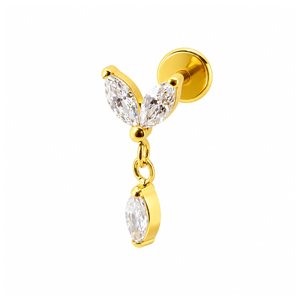 Piercing Labret Titane F136 – Labret 1377 Filetage Interne Stérile Gold & Embout Marquise 2 Strass et Pendentif 1,2 x 8 mm*